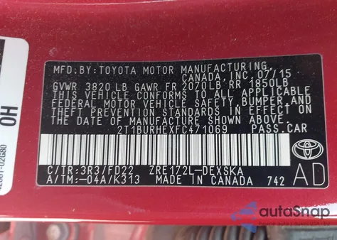 2015 Toyota Corolla S Plus из США, поврежденный, VIN 2T1BURHEXFC471069